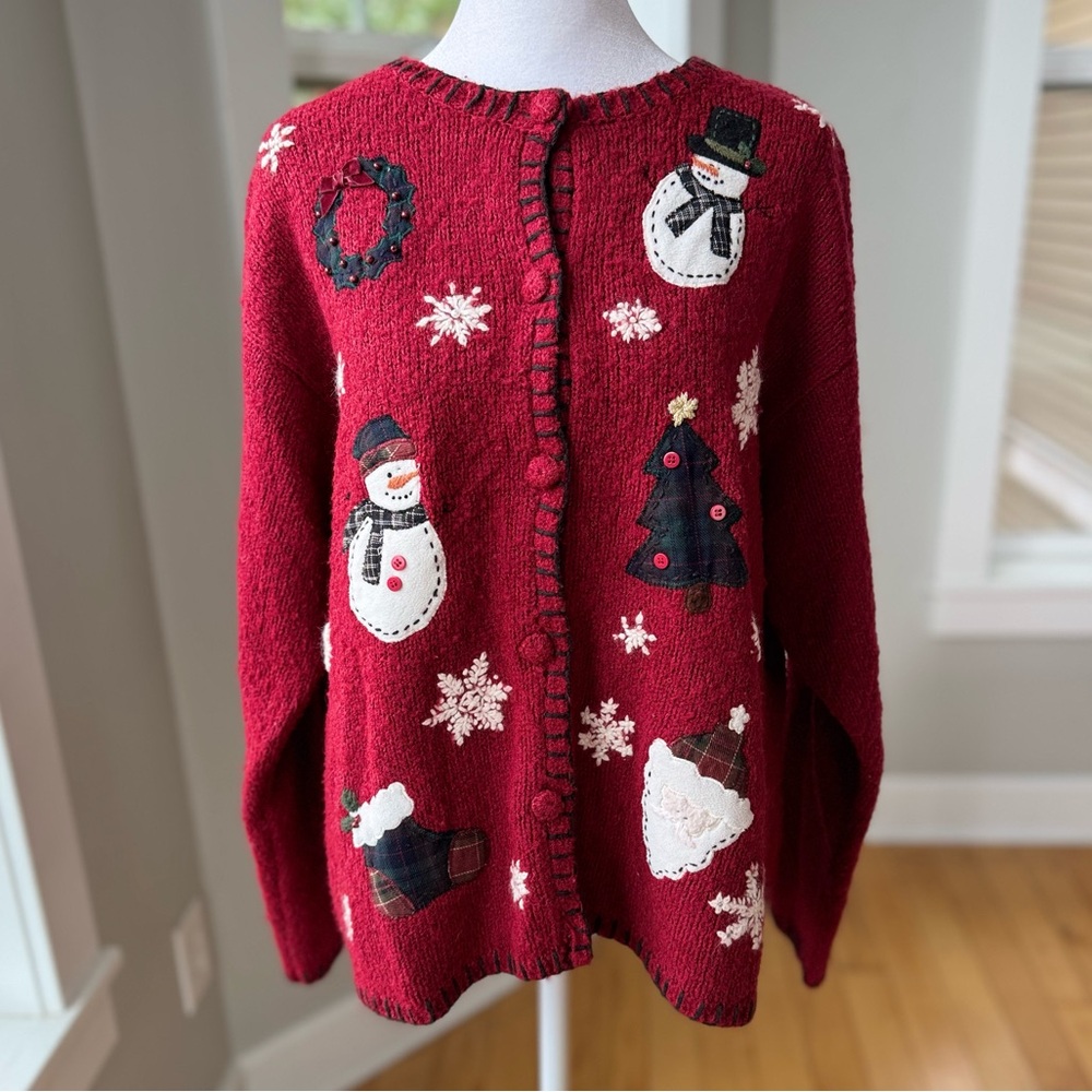 Croft & Barrow Red Black Silk Wool Blend Christmas Cardigan Sz Large Vintage 90s